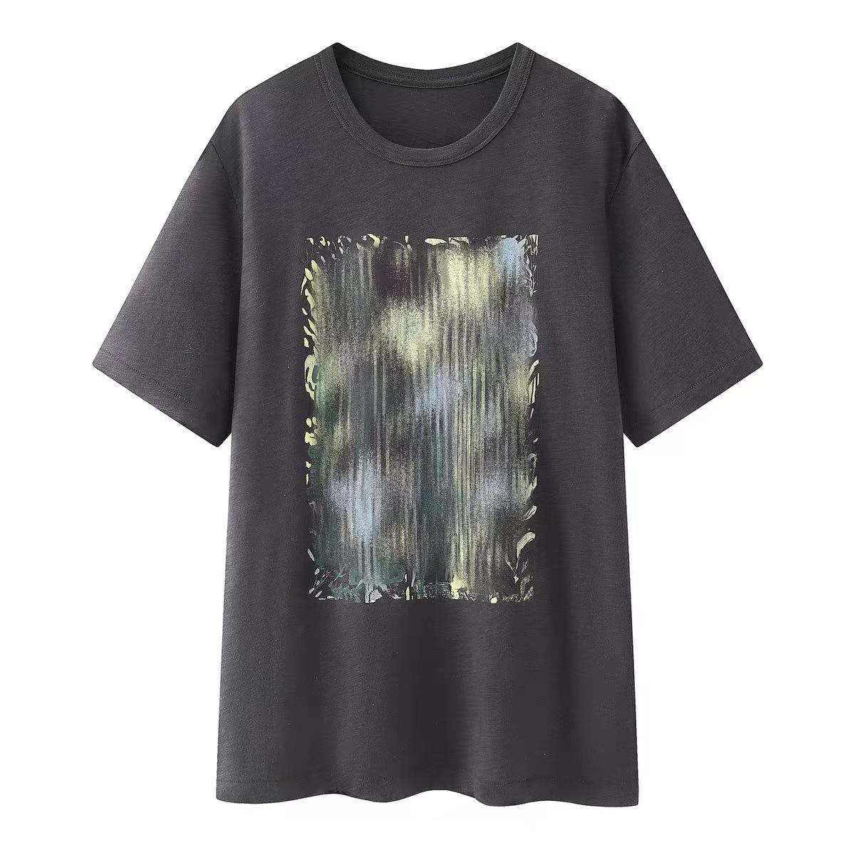 In Stock: 2025 Winter Loose Floral Print Round Neck Short Sleeve T-shirt Top 5Q1112760 Small