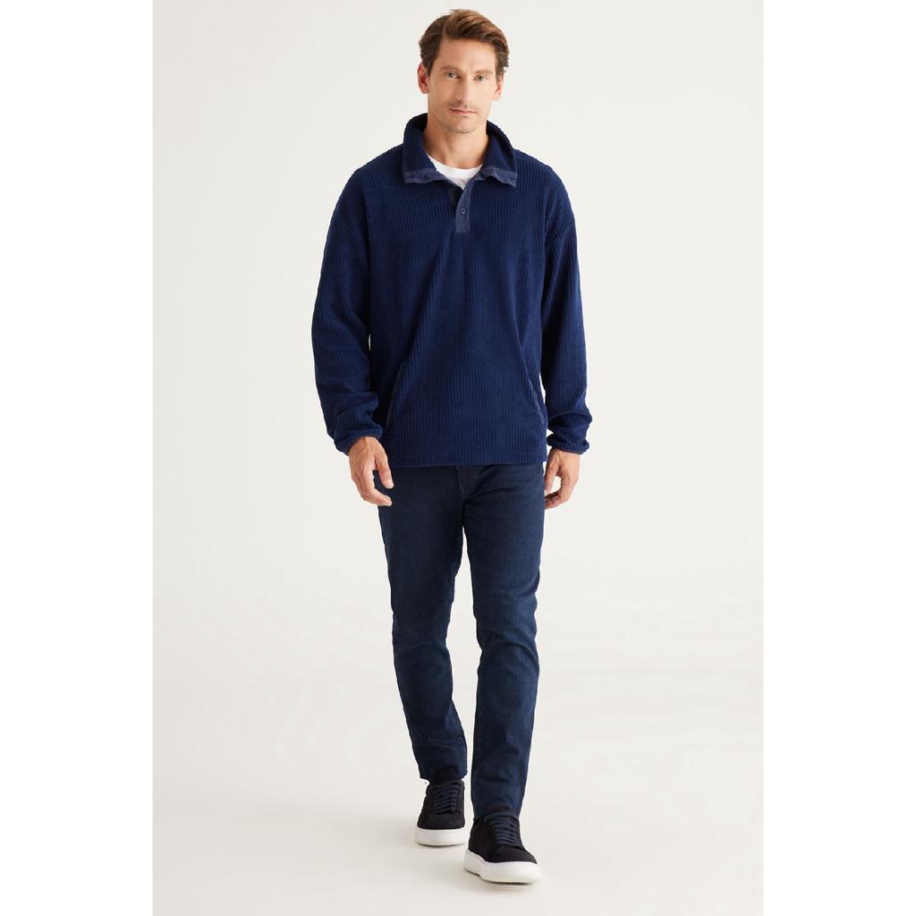 Men's Ecru Loose Fit Stand-up Collar Jacquard Soft Touch Fleece Sweatshirt