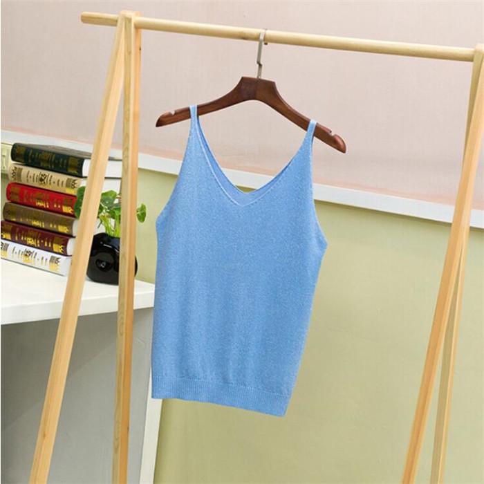 Summer Knitted Slim Sexy Top Tank Women Bright V Neck Sleeveless Vest Shirts Tops Tees