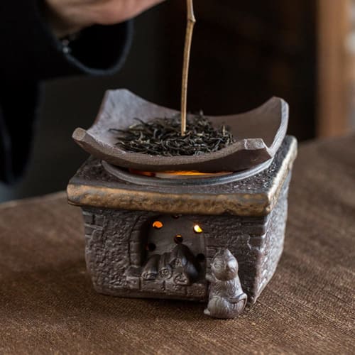 HIGHAWK Tea Incense Burner, Ceramic, Aroma Burner with Relief Design, Heating Function, Tea Warmer, Small Plate, Candle Tray, Tea Warmer, Complete Tea