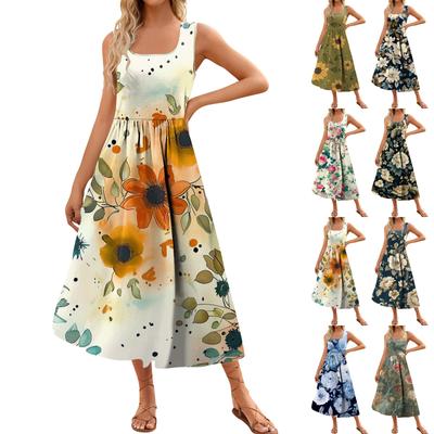 Women's 2024 Summer Maxi Dress Casual Floral Print Sleeveless Square Neck Flowy Long Beach Elegant Tank Sundresses With Pockets