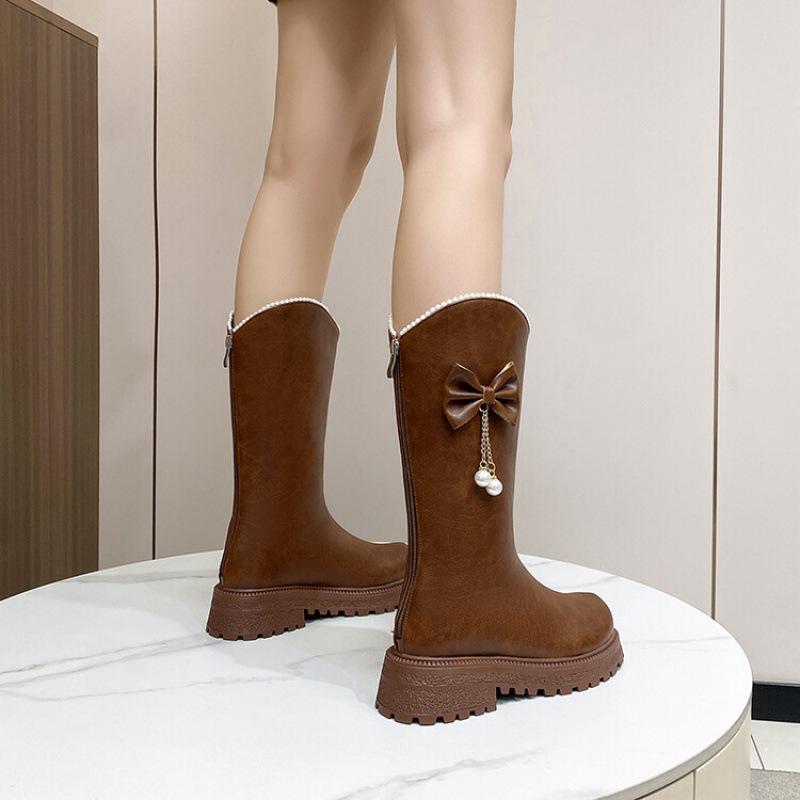 

Autumn and winter women s knight boots large size shoes platform heel non-slip round head square heel sleeve new high boots 43 коричневый