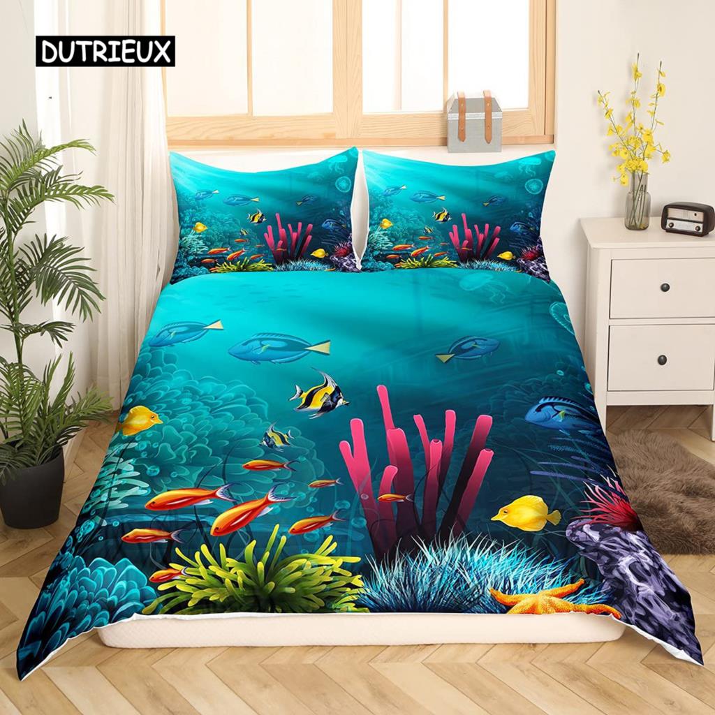 Beach Ocean Duvet Cover Set Hawaiian Palm Tree Waves Bedclothes Tropical Island and Sea Beach Nature Theme Polyester Qulit Cover