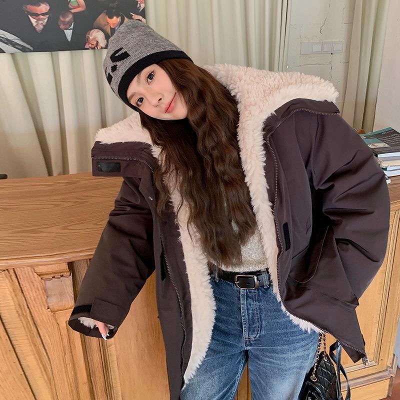 Army green lamb wool cotton-padded clothes women's medium and long winter wind jacket jacket velvet cotton-padded clothes