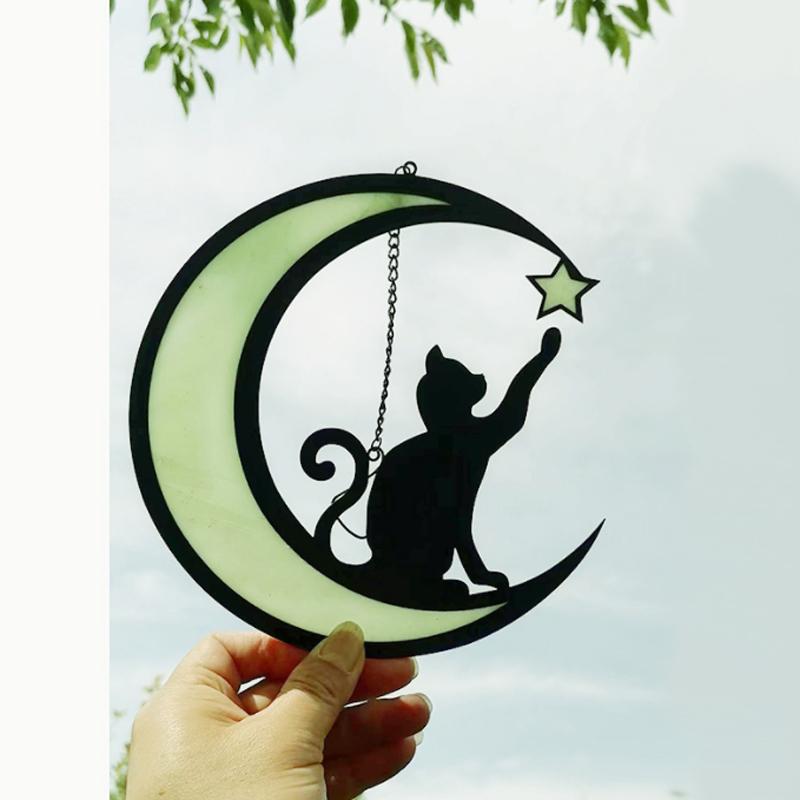 Moon Cat Back Pendant Colourful Acrylic Silhouette Cat Gift Decoration Pendant Luminous Decoration 1Pc