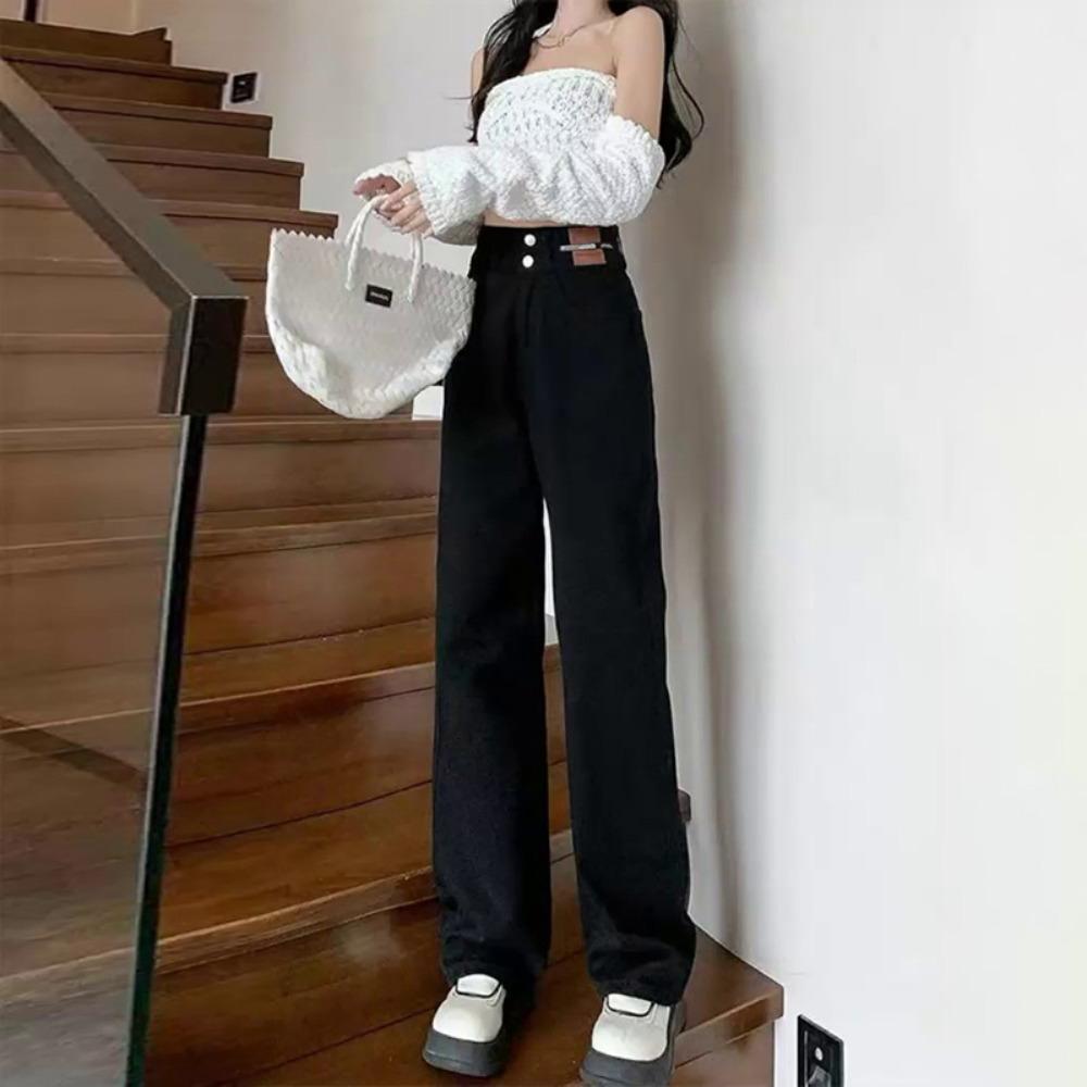 High Waist 2025 Autumn and Winter Black Wide-leg Straight Jeans Women's Loose and Thin New Drape Mopping Ins