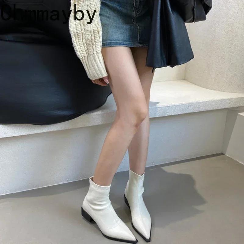 Fashion Pointed Toe Women Ankle Boots Fashion Thick Heel Slimming Short Booties Autumn Winter Soft Leather Female Shoes