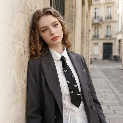 Sweet Bow Pearls Tie Black Choker Hand-beaded Long Necktie Geometric Academic Style Shirt Tie Daily