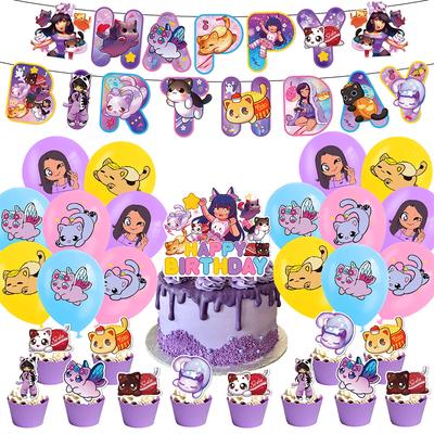 34Pcs Theme Party Decor Set Cake Toppers Banner Balloons For Aphmau Plushies Cat