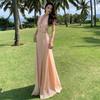 Strandurlaub Sexy rückenfreies Kleid mit Halsausschnitt Hochwertiges Design Sanftes Temperament Französischer langer Rock