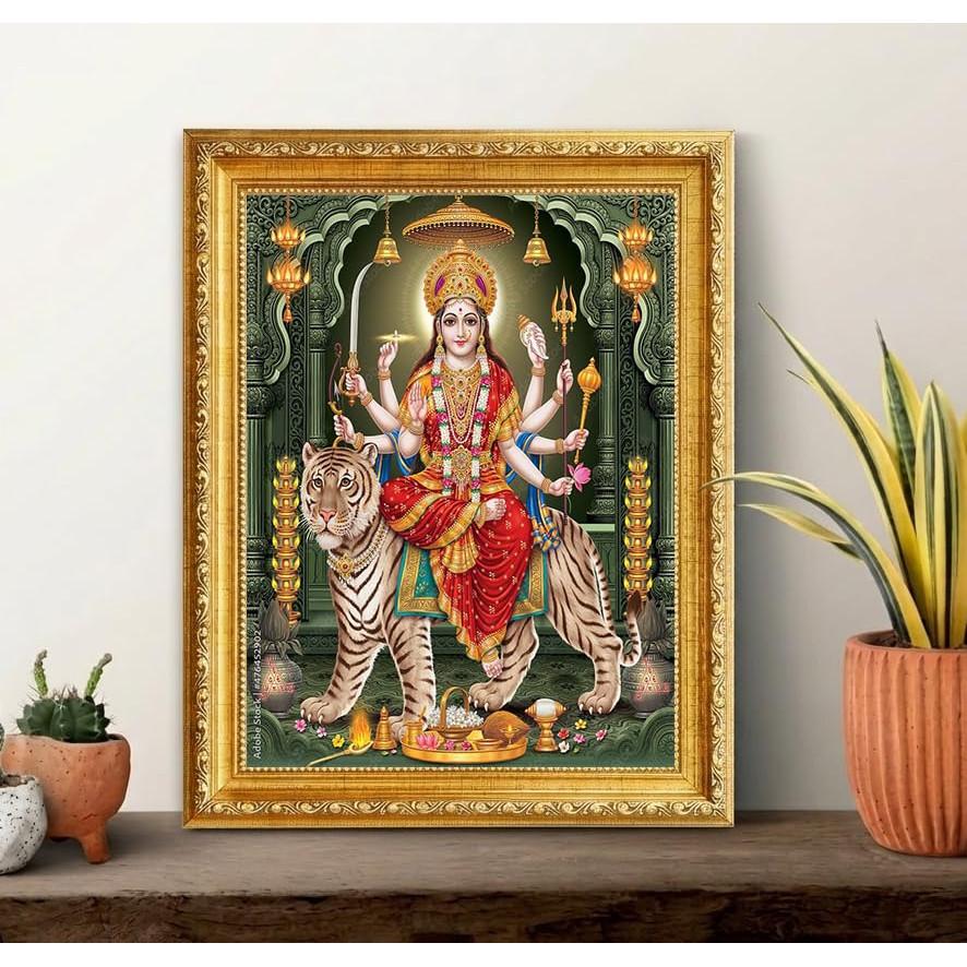 @Maa Durga Religious Photo Frame, Golden Border, Glossy Finish UKD535 80% off