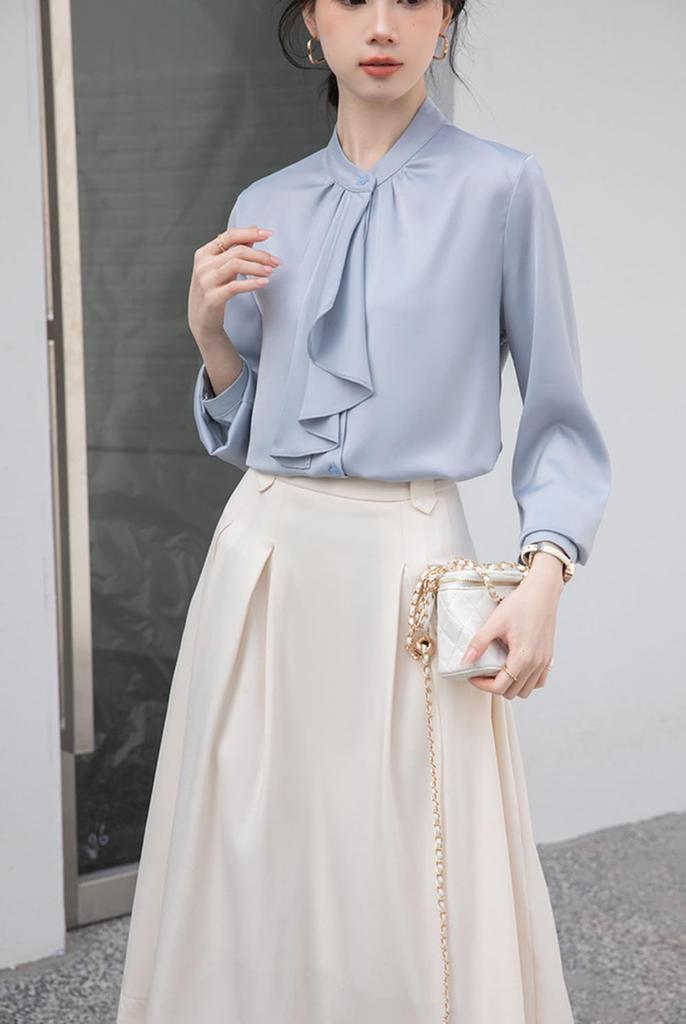 [SYitong] Women's Long-Sleeved Plain Blouse, Stylish, Washable, Collarless, White/Pink, Lined, Business/Office, Cute, Popular, Date, Outing, Commuting
