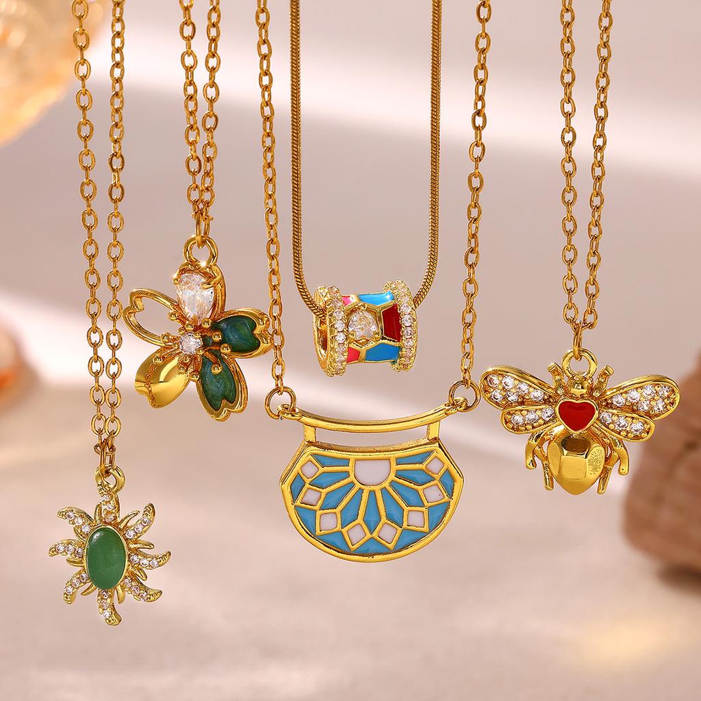 Vintage Enamel Necklace For Women Gold Color Flower Stone Charm Bee Sun Pendant Drip Oil Collier Femme Aesthetic Jewelry Gifts