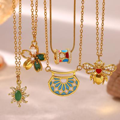 Vintage Enamel Necklace For Women Gold Color Flower Stone Charm Bee Sun Pendant Drip Oil Collier Femme Aesthetic Jewelry Gifts