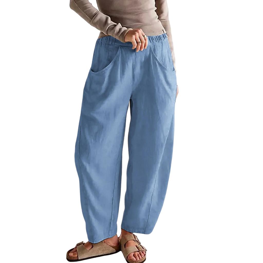 Women Elastic High Waist Pant Casual Fit Wide Leg Long Pants Trousers With Pockets