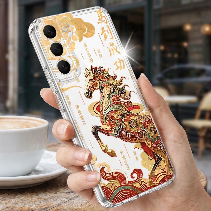 Vintage Lucky Golden Horse Case For Samsung S26 S25 Ultra S24 Plus S22 S23 S21 FE A54 A15 A35 A55 A16 A36 A56 A17 A37 A57 5G Clear TPU Soft Cover