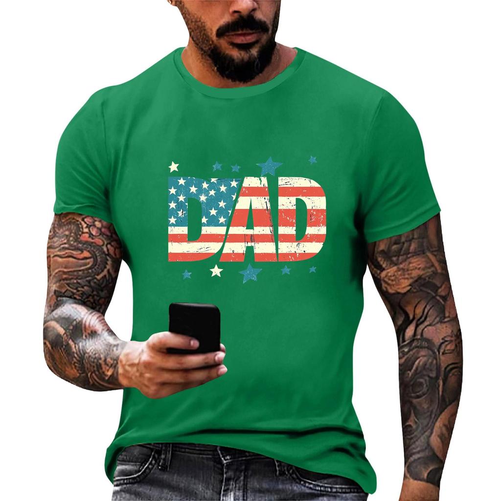Men's Loose Fit Short Sleeve T Shirt Casual Summer Daily Wear Crew Neck Tee with Patriotic Star and Flag Print for Father's Day and Independence Day