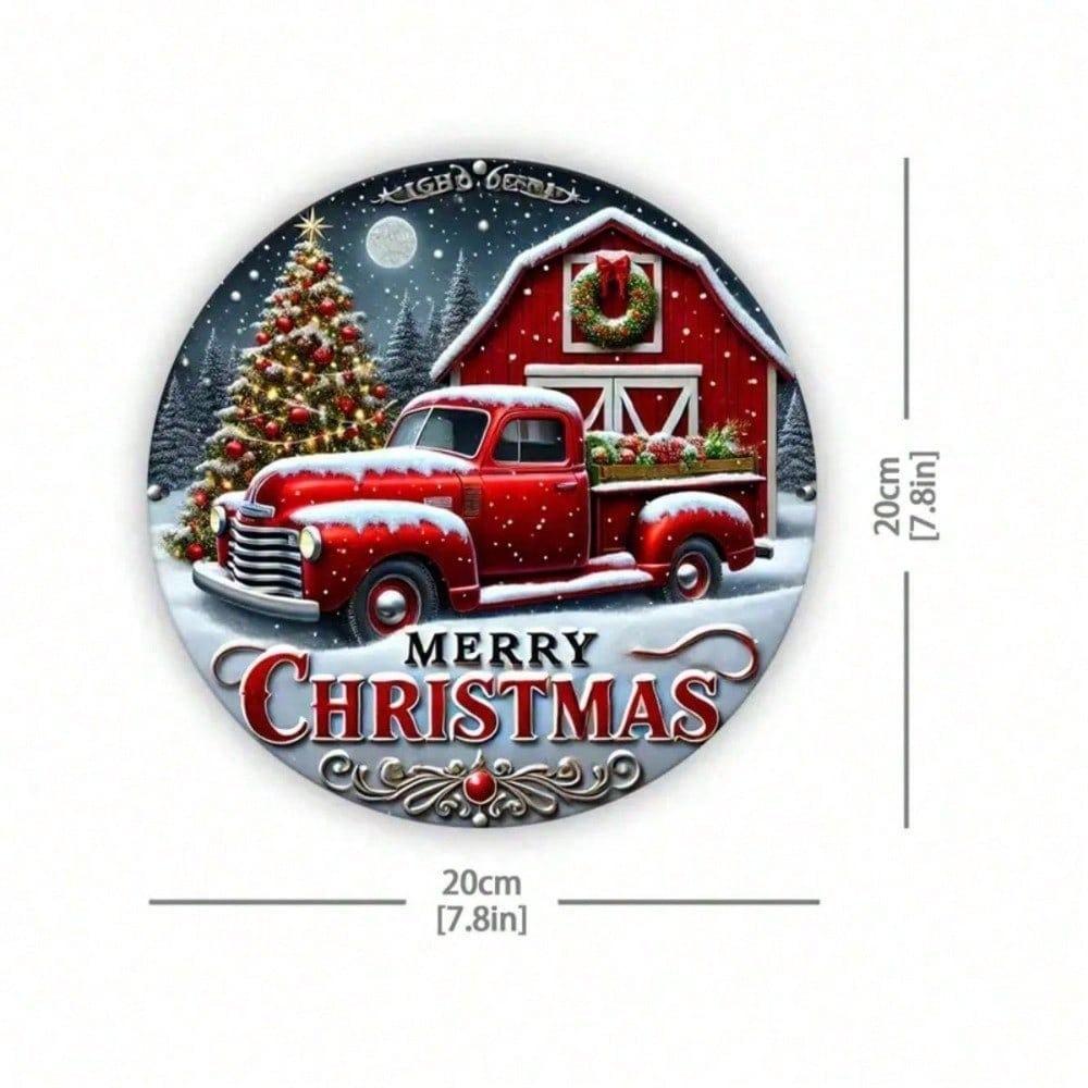 Vintage Red Truck Metal Christmas Wall Sign 8 Inch Round Waterproof Holiday Home Decor Hanging Plaque