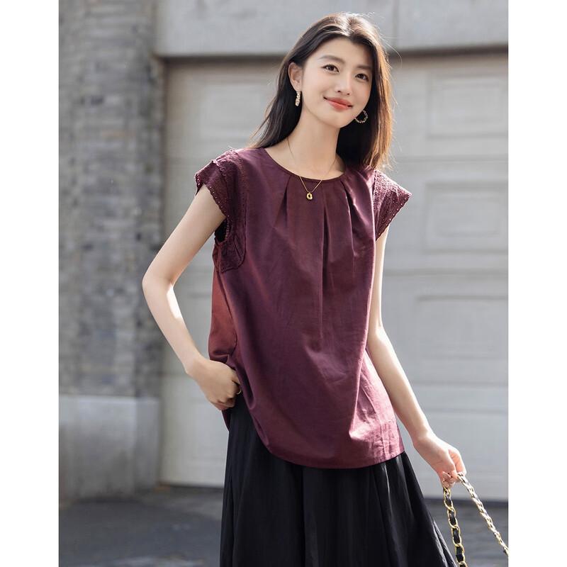Demana Women's Linen Blend Sleeveless Lace Blouse