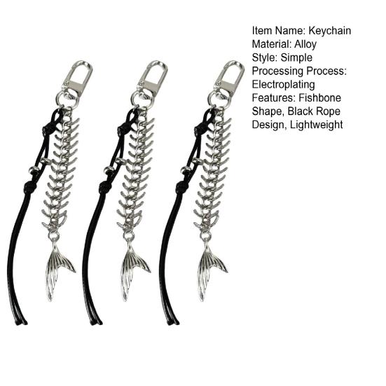 1/2/3Pcs Alloy Fishbone Keychain Pendant Black Rope Design Lightweight Key Chain Backpacks Cars Key Organizer Accessories