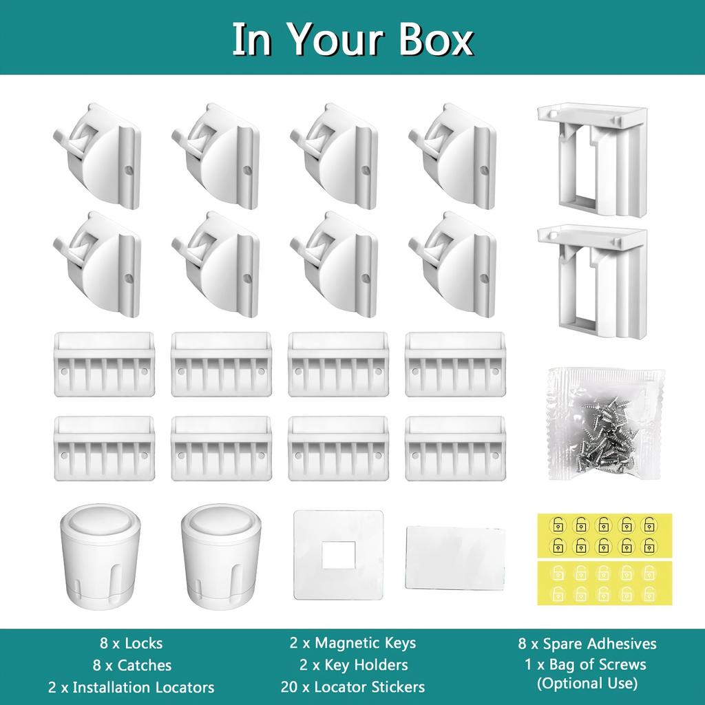 8 szt. Magnetyczne Zamki Bezpieczeństwa dla Dzieci - Łatwy Montaż, Nie Wymagają Śrub ani Wiercenia, Plastik Bez Ftalanów, Idealne do Zabezpieczania Drzwi i Szuflad
