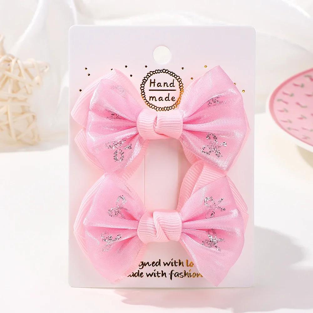 2PCS /Set Embroidery Bowknot Hair Clips 2.7inch Cheer Bows Handmade Hairgripes for Kids Girls Headdress Hair Accessories
