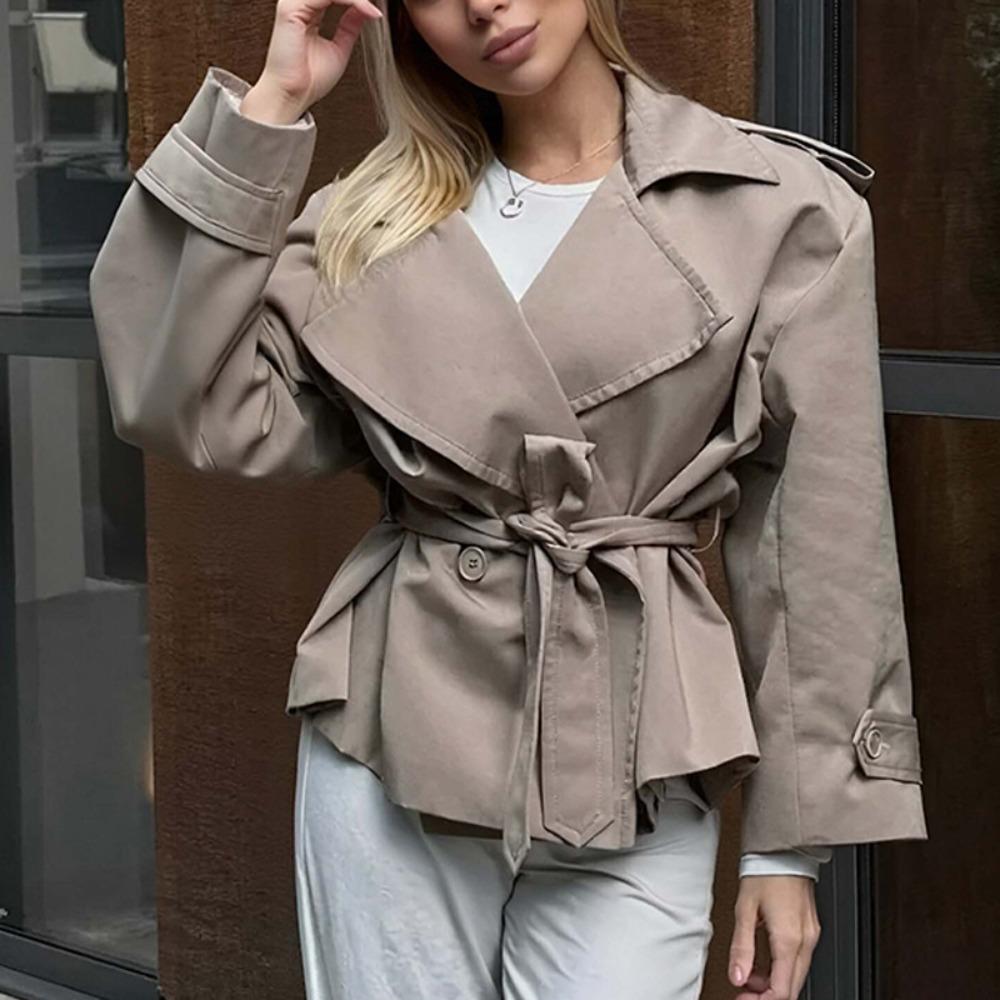 Women's Turn Down Collar Long Sleeve Trench Coat Loose Fit British Style Short Jacket