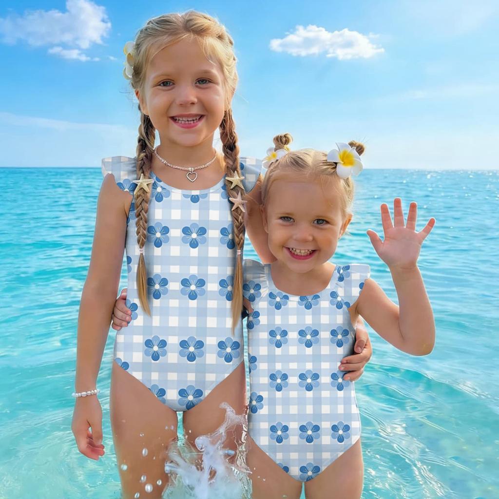 Girls One Piece Swimsuit Floral Print Sleeveless Ruffle Shoulder Design Lightweight Comfortable Fabric Suitable for Summer Beach Pool Swimwear