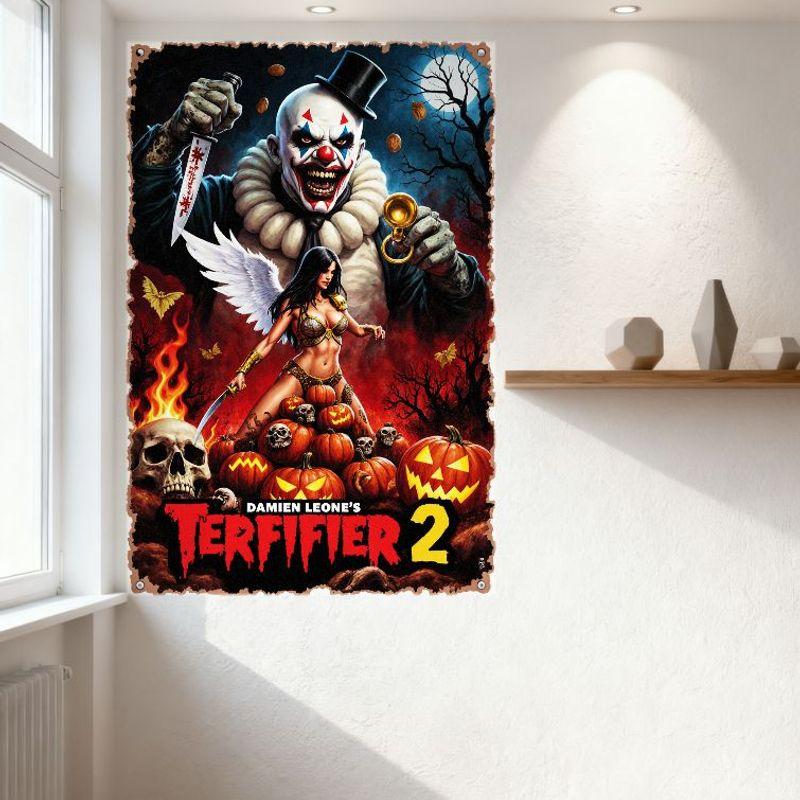Terrifier 2 Horror Movie Tin Sign - Menacing Clown & Fierce Woman Art, Vintage Metal Plaque for Home/Bar/Cafe Decor