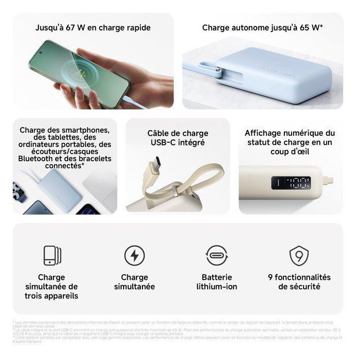 Xiaomi 67W Power Bank 10000 (Câble intégré) Bleu - 67W charge rapide - Câble USB‑C intégré - Autorisée avion <100Wh