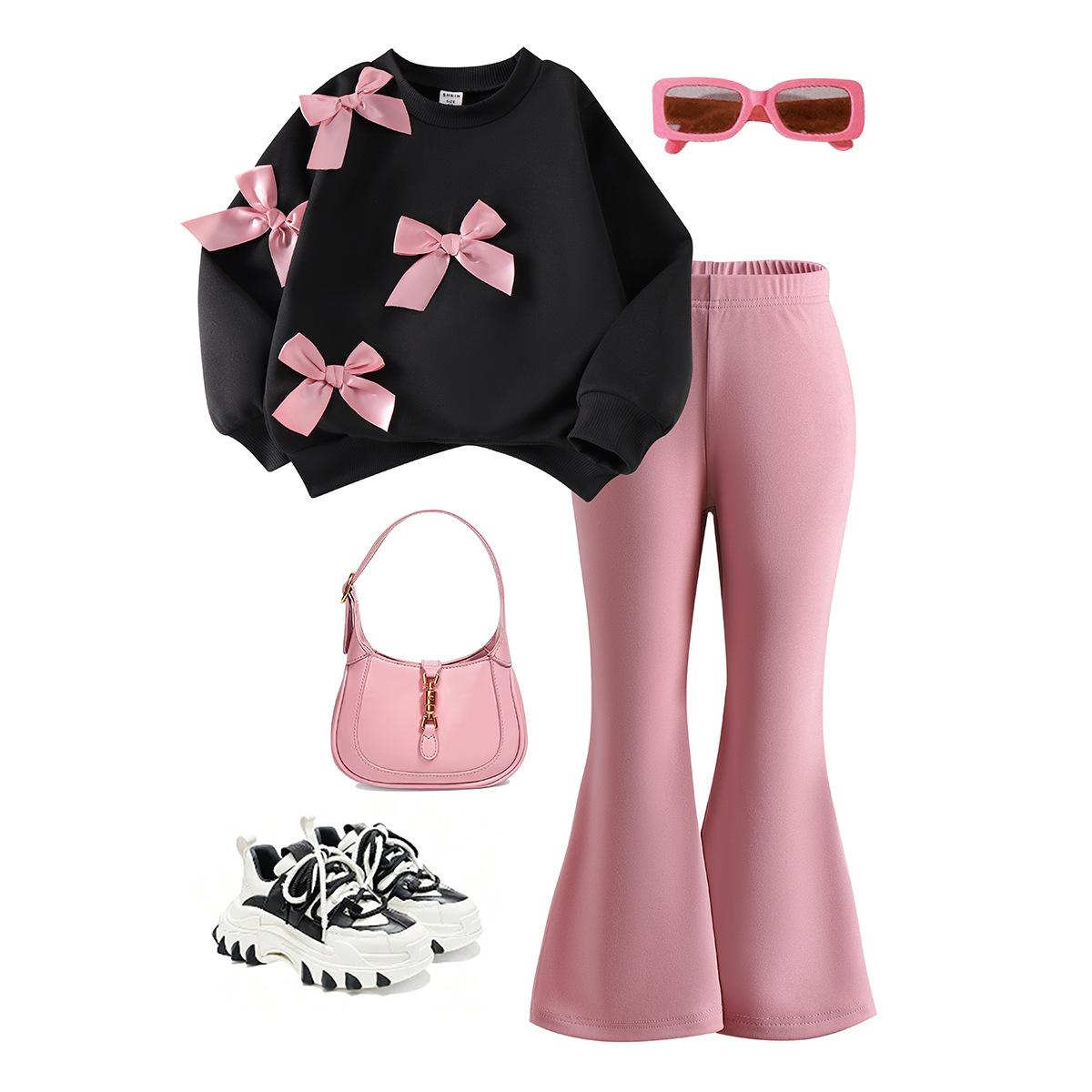 

Winter Girls Round Neck Long Sleeved Three-dimensional Bow Sweatshirt Flared Pants Two-piece Set 90 чёрный