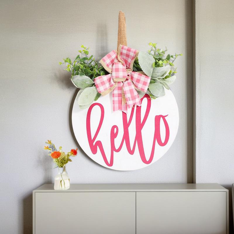 Wooden Round Welcome Sign Door Hanger with Bow Wreath Decoration for Home Entrance