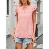Women European Style Casual Summer Hollow Out Embroidery Flounce Sleeve V Neck Shirt