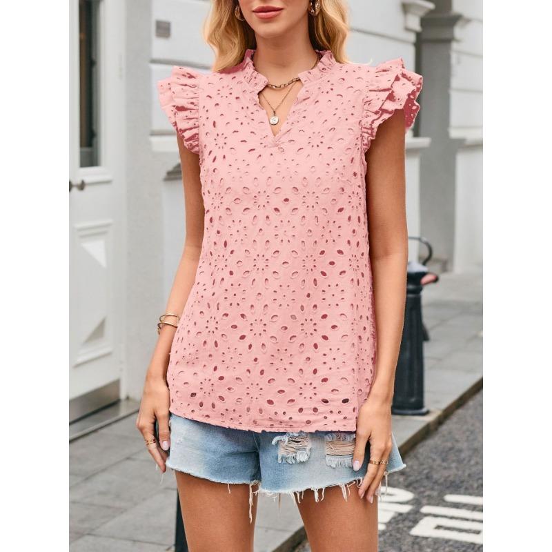 Women European Style Casual Summer Hollow Out Embroidery Flounce Sleeve V Neck Shirt