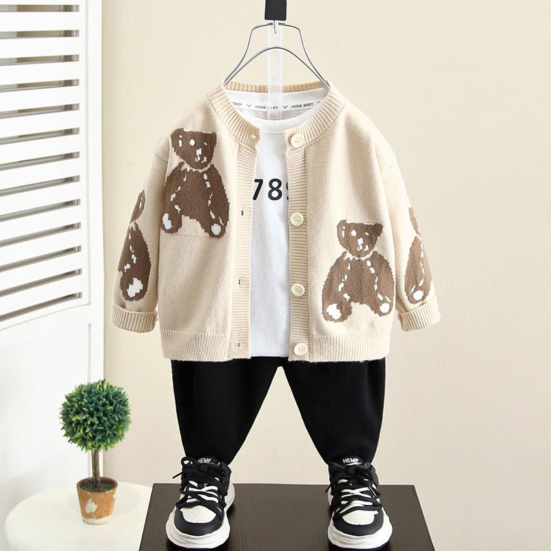 

5977 Мальчики Весна & Осень 2024 Новый Кардиган Свитер - Детская вязаная куртка для маленьких мальчиков 140cm хаки