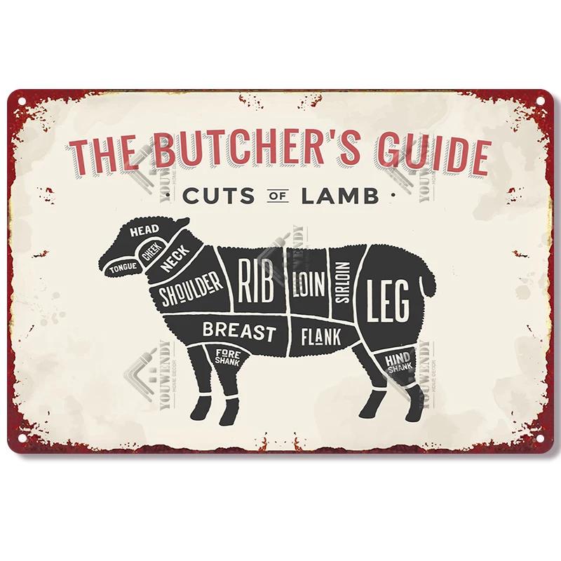 The Butcher's Guide Vintage Metal Signs, Kitchen Poster Cuts of Beef, Pork, Duck, Fish, Shop Wall Decor, Tin Sign, 20x30cm