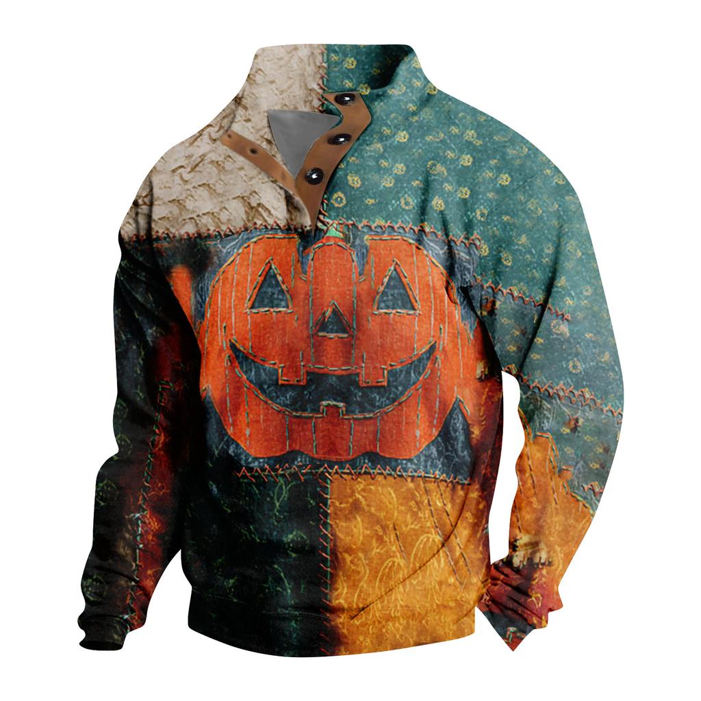 Men's Casual Fashion Christmas Printed Hoodless Sweatshirt Wide Men's Loose Button Stand Collar Hooded Sweatshirt