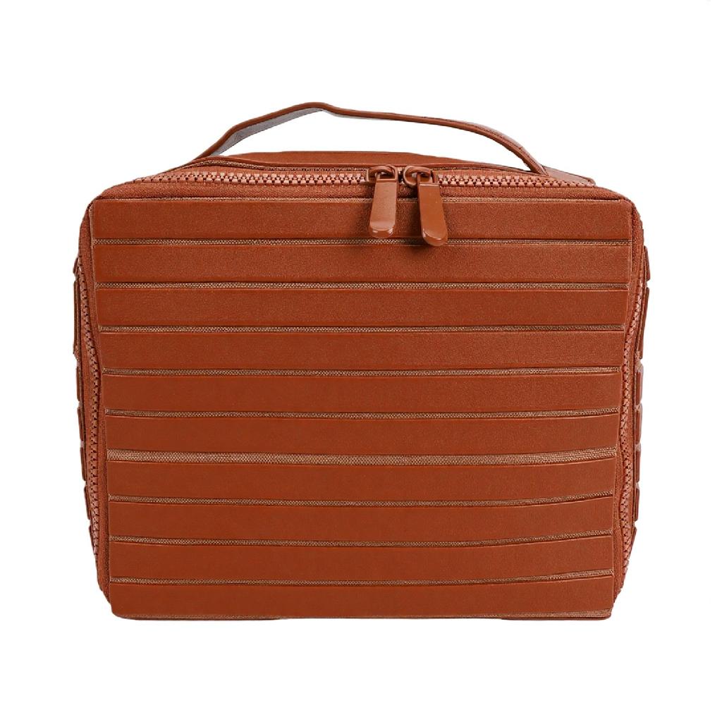Borsa da Trucco Parallela Impermeabile Grande Capacità Scomparti Multipli Portatile Pieghevole Borsa da Trucco per Donne Marrone