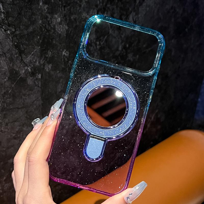 For Magsafe Magnetic Wireless Charging Gradient Two Tone Glitter Mirror Bracket Phone Case For iPhone 17 Pro Max Air Back Cover