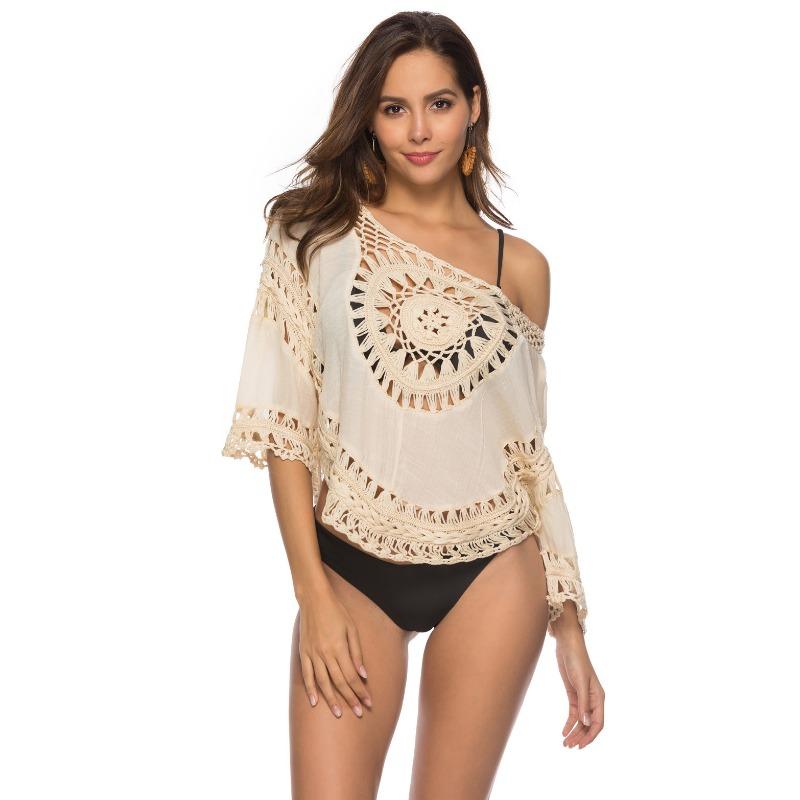 Sexy Pullover Hand Hook Hollow Half Round Knit Sweater Beach Cover-up Summer Women's Seven Sleeve Spa Shirt