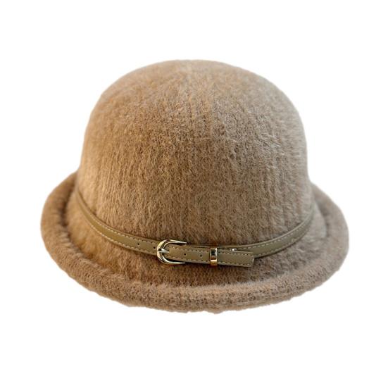 Yousheng Basin Hat Solid Color Plush Fabric Bucket Hat with Belt Decor Retro Style Basin Hat Autumn Winter Outdoor Activities Daily Wear