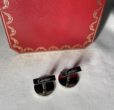 Cartier Double C Logo Pattern Cufflinks Silver 925 Black Vintage Button Style
