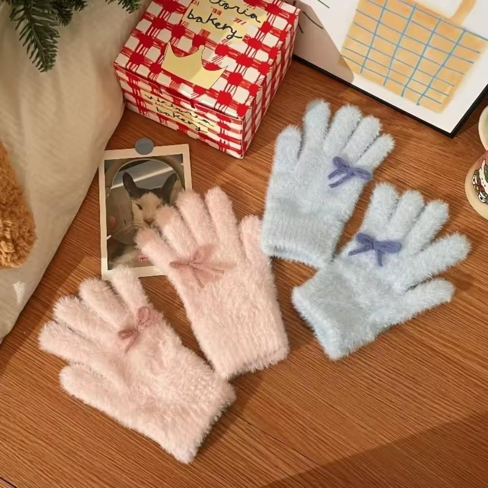 Korean Style Cute Winter Warm Knitted Plush Gloves for Women Bow Thickened Full Finger Gloves Cycling Antifreeze Student Gloves