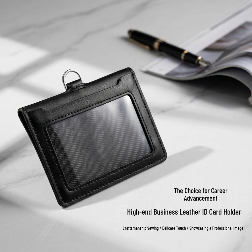 Leather Work ID Badge Holder with Foldable Magnetic Closure