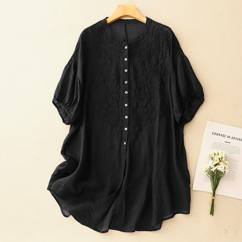 

Свободная и тонкая рубашка средней и длинной длины из хлопка и льна с вышивкой, женская летняя новая повседневная кофточка с V-образным вырезом и короткими рукавами L чёрный