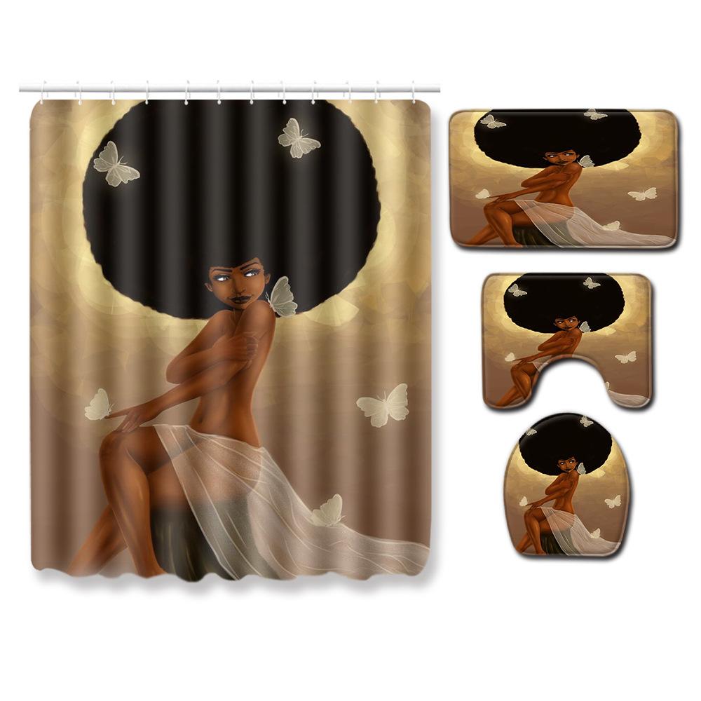 African American Women'S Bathroom Four-Piece Combination Set Household Door Mat Absorbent Non-Slip Floor Mat Carpet