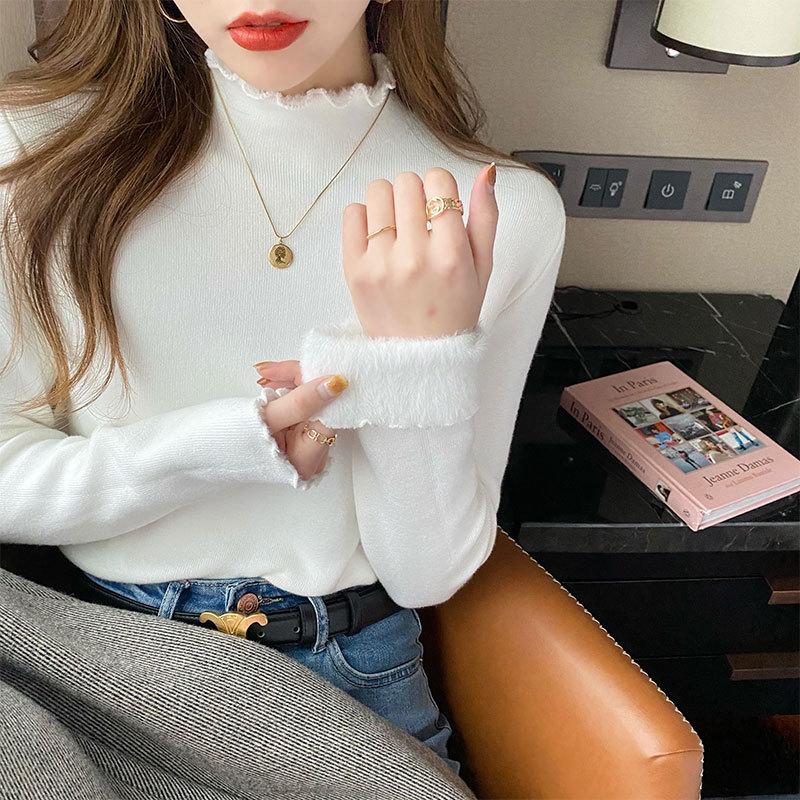 

Sweater women s winter velvet thickened semi-turtleneck bottoming shirt with a new integrated velvet fungus edge knitted top One Size
