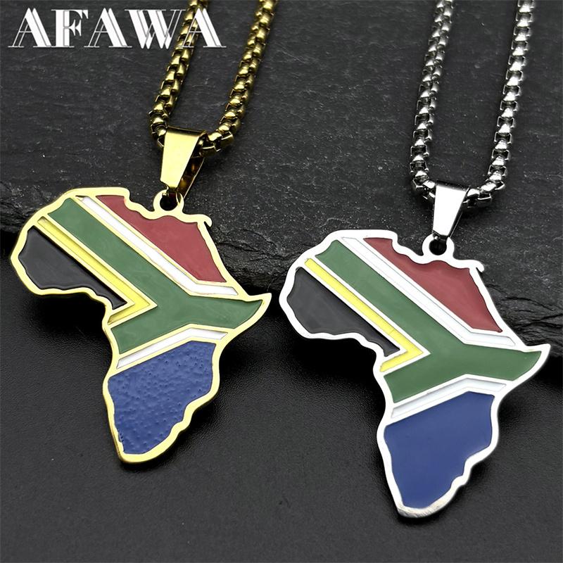 African South Africa Map Flag Pendant Necklace for Women Men Stainless Steel Colorful Enamel Gold Color Ethnic Chain Jewelry