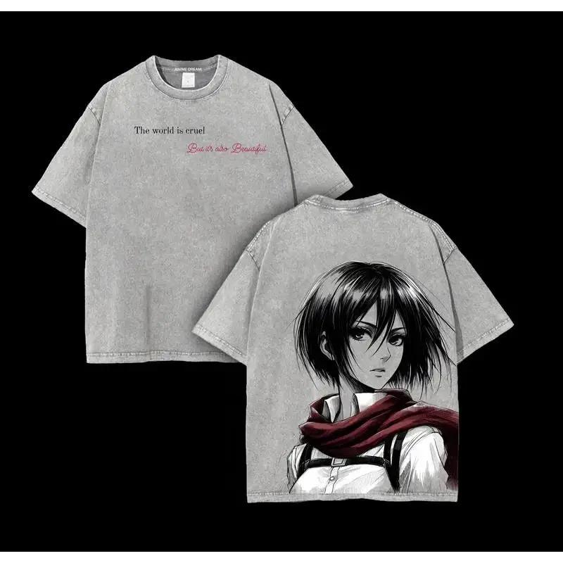 Mikasa Ackerman Print T-shirt Anime Attack On Titan Clothing Men Women Cotton Tshirts Retro Washed T Shirt Harajuku Male Tops