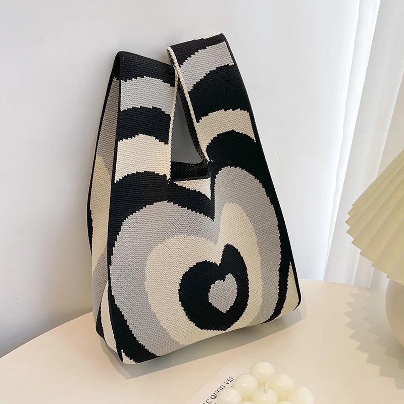 Japanese Thin Stripe Plaid Tote Bag Women Casual Color Handmade Knit Handbag Student Reusable Shopping Bag Keys Purse Handle Bag